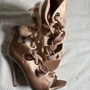 Shoe Dazzle Tan Lace-Up Stiletto Heels